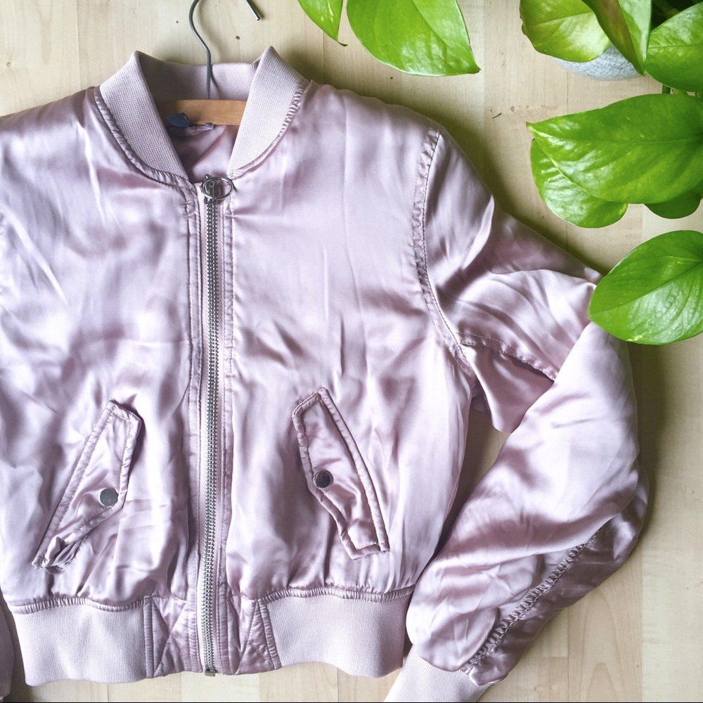 H&M Satin Cropped Bomber Jacket Blush Pink 4/S